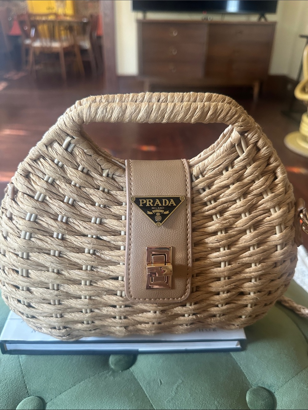Natural Woven Straw Mini Top-Handle Bag with Tan Leather Trim